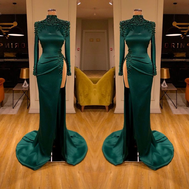 Dark Green Beadings Pearl Long Sleeves Evening Gowns Mermaid Prom Dress With Slit