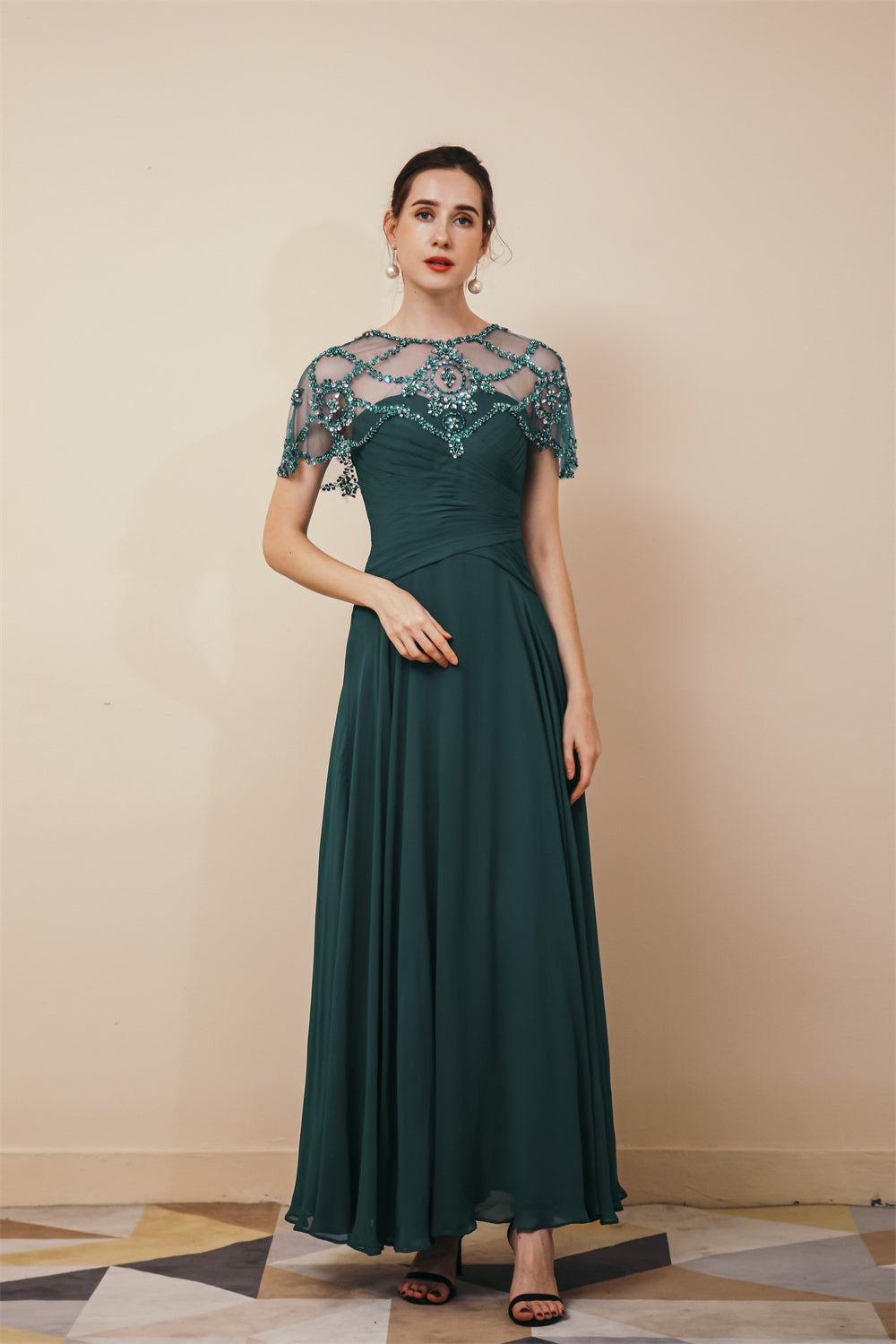 Dark green Chiffon Sparkle Beaded Evening Dress with Cape