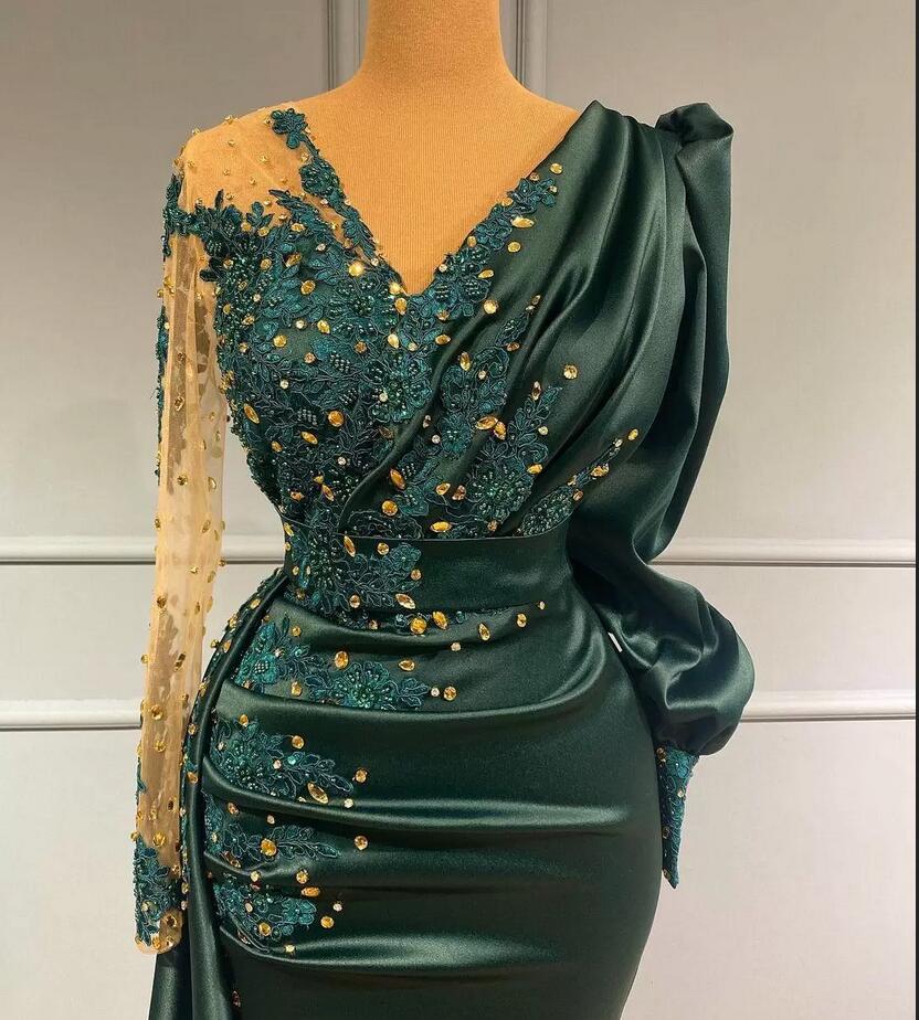 Dark Green Long Sleeves Prom Dress Mermaid With Beadings