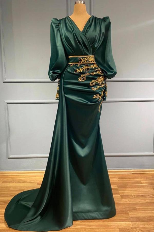 Dark Green Mermaid Prom Dress Long Sleeves With Beadings