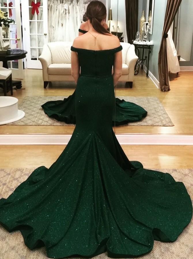 Dark Green Off-the-Shoulder Mermaid Prom Dress Long