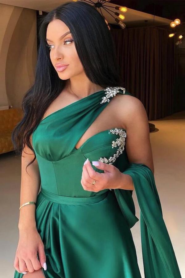 Dark Green One Shoulder Prom Dress Mermaid Long With Slit