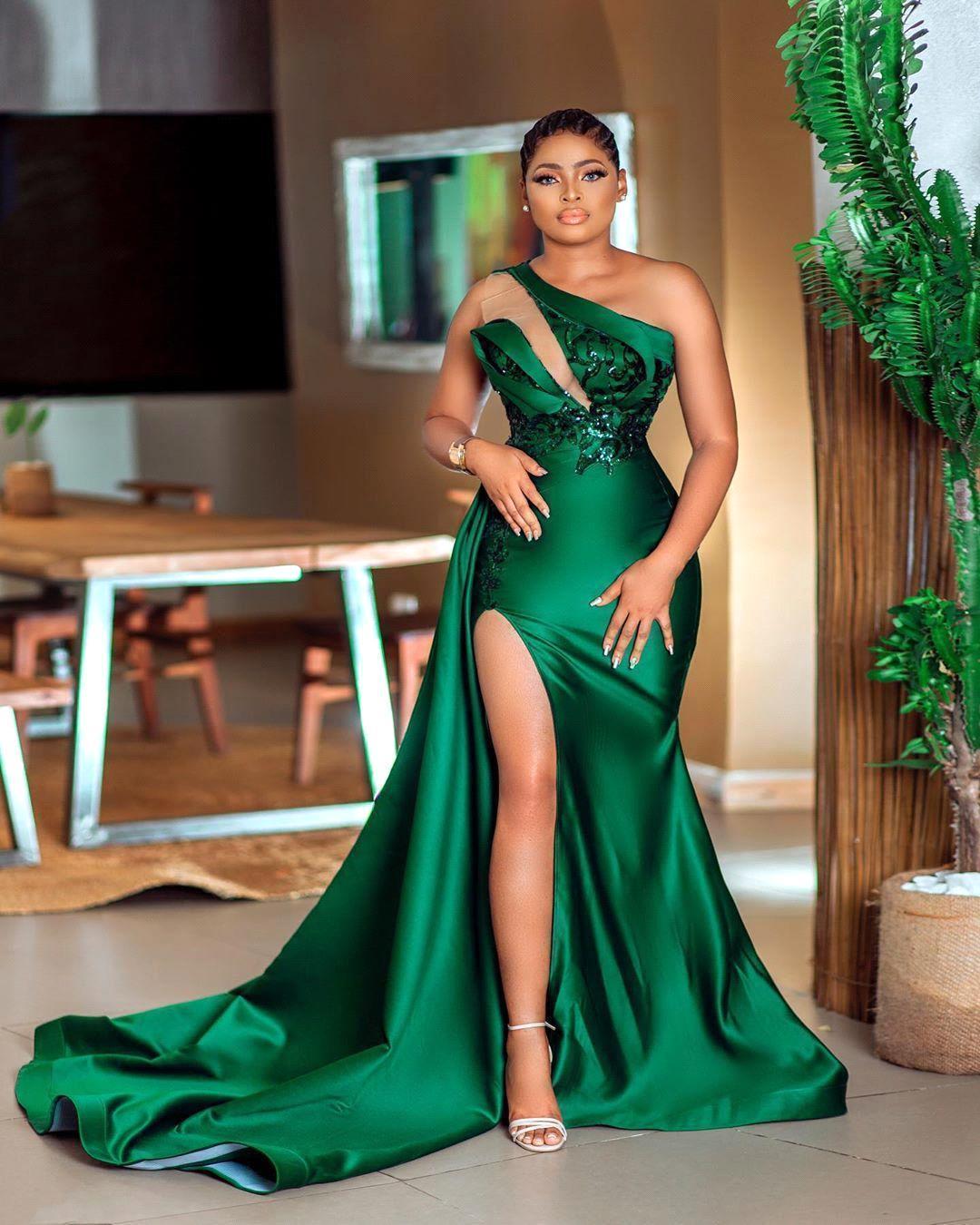 Dark green Plunging V neck One shoulder High split Mermaid Prom Dress