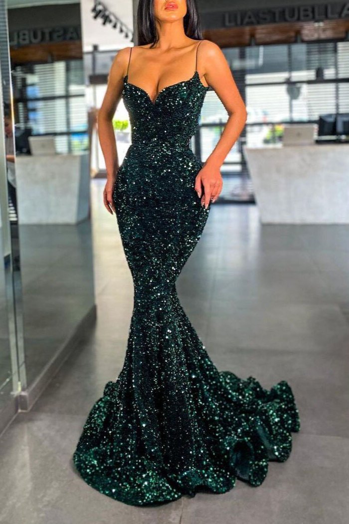 Dark Green Sequins Prom Dress Mermaid Long With Spaghetti-Straps