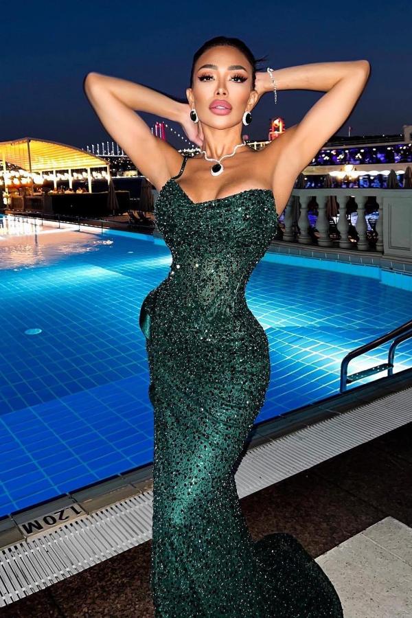 Dark Green Sequins Prom Dresses Mermaid Slit Long Sweetheart