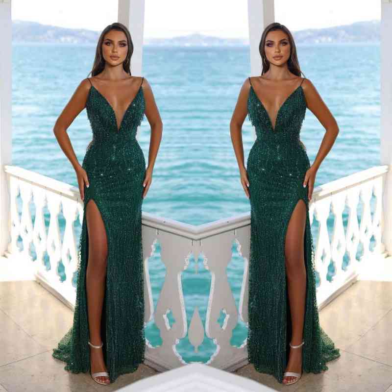 Dark green Sleeveless Prom Dress Mermaid Slit With Sequins Beads