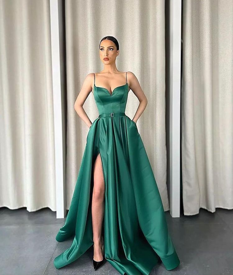 Dark Green Spaghetti-Strapes Slit Evening Dress Long With Pockets