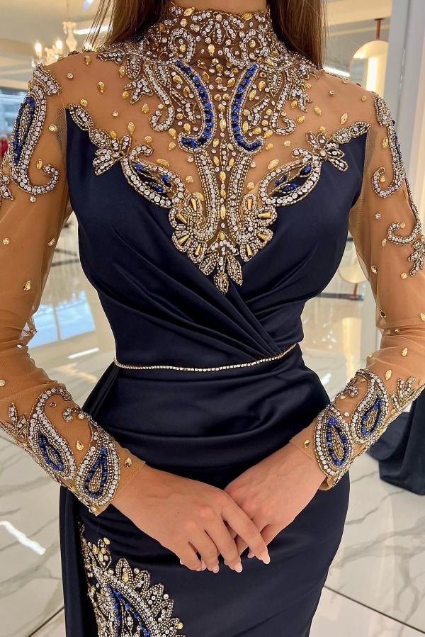 Dark Navy Long Sleeves Prom Dress Mermaid Beadings With Slit