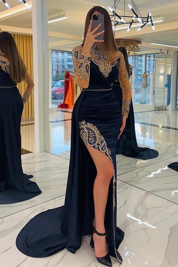 Dark Navy Long Sleeves Prom Dress Mermaid Beadings With Slit