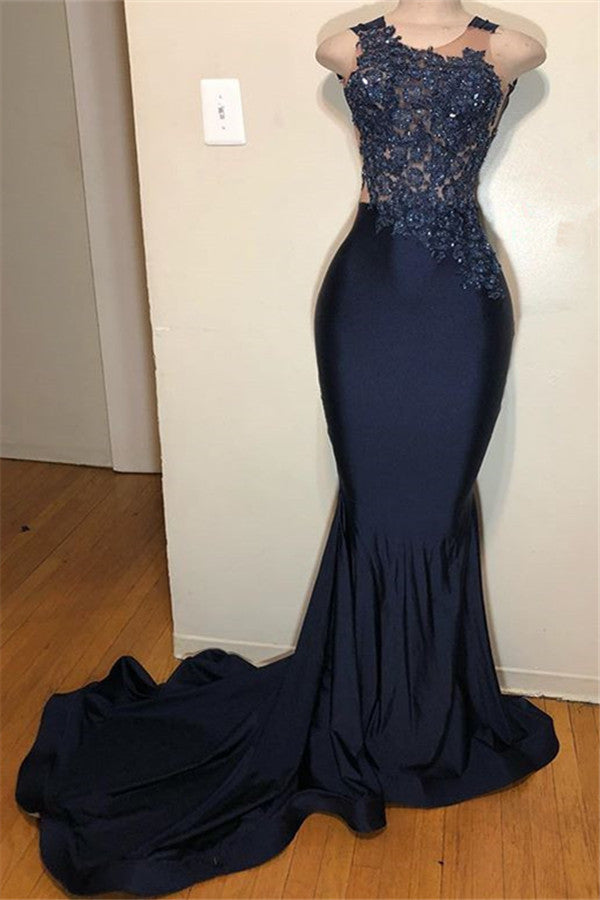 Dark Navy Scoop Sleeveless Prom Dress Mermaid Long With Appliques