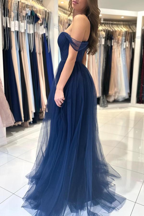 Dark Navy Tulle Prom Dress Long Off-the-Shoulder