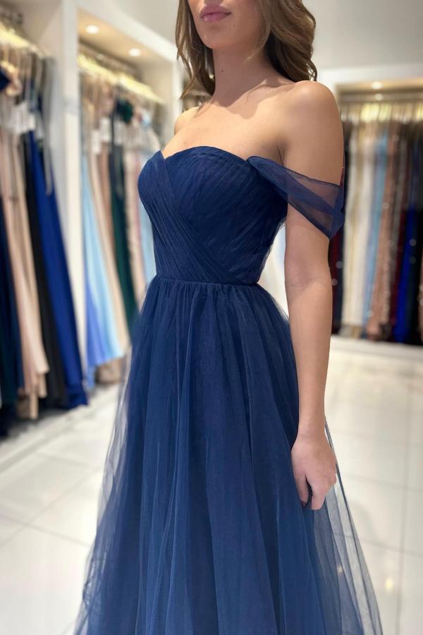 Dark Navy Tulle Prom Dress Long Off-the-Shoulder