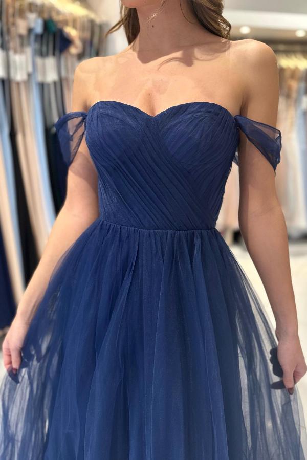 Dark Navy Tulle Prom Dress Long Off-the-Shoulder