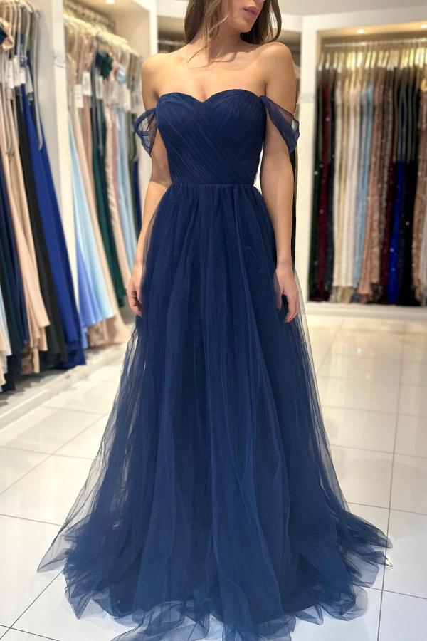 Dark Navy Tulle Prom Dress Long Off-the-Shoulder