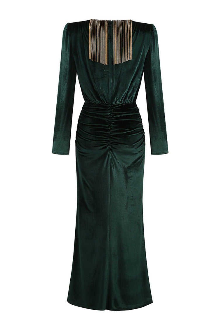 Deep V Long Sleeve Fringe Evening Maxi Dress - Emerald Green