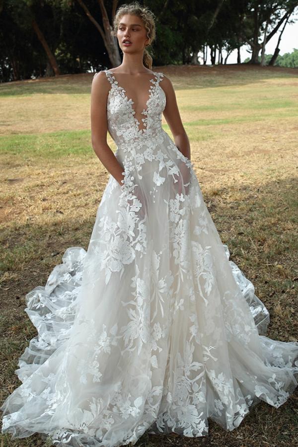 Deep V-Neck Appliques Wedding Dress Sleeveless