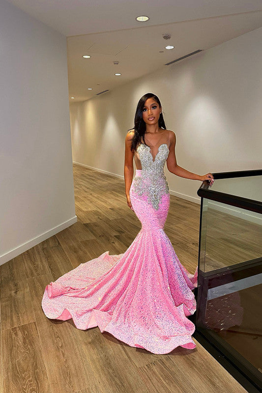 Deluxe Floor-Length Sleeveless Mermaid Sequined Prom Dress with Stylish Ruffles