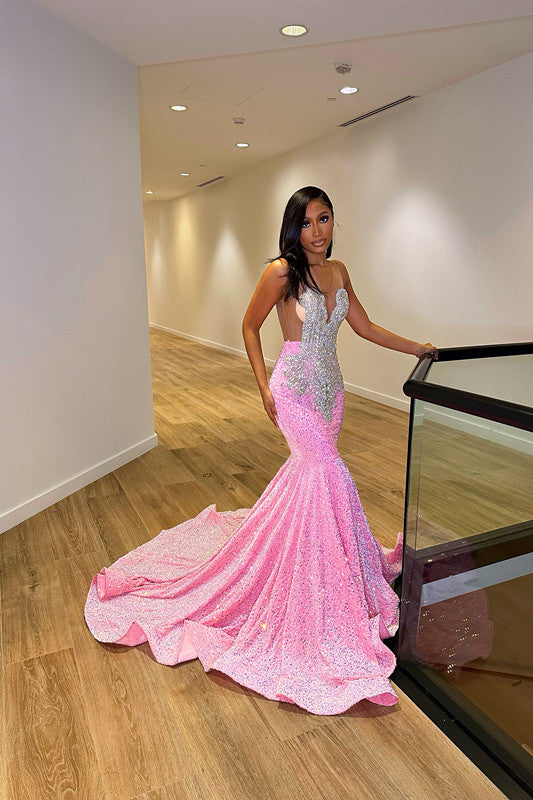 Deluxe Floor-Length Sleeveless Mermaid Sequined Prom Dress with Stylish Ruffles