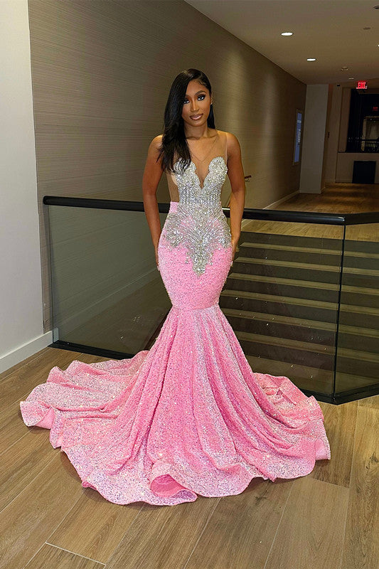 Deluxe Floor-Length Sleeveless Mermaid Sequined Prom Dress with Stylish Ruffles