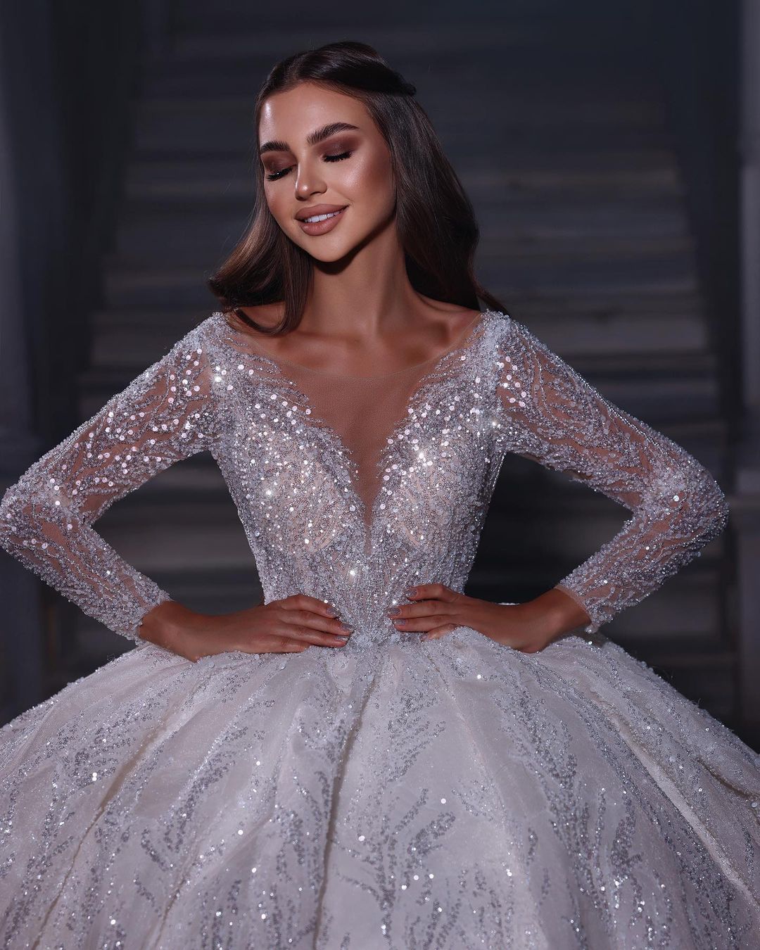 Luxurious Floor-Length Sweetheart Long Sleeve A-Line Sequined Wedding Gown with Ruffle Accents