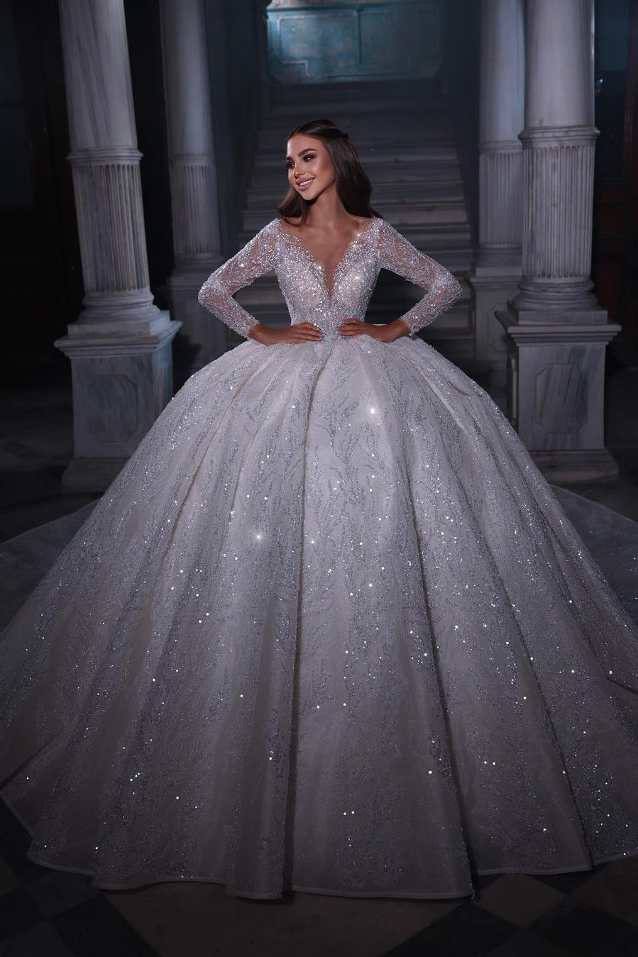 Luxurious Floor-Length Sweetheart Long Sleeve A-Line Sequined Wedding Gown with Ruffle Accents