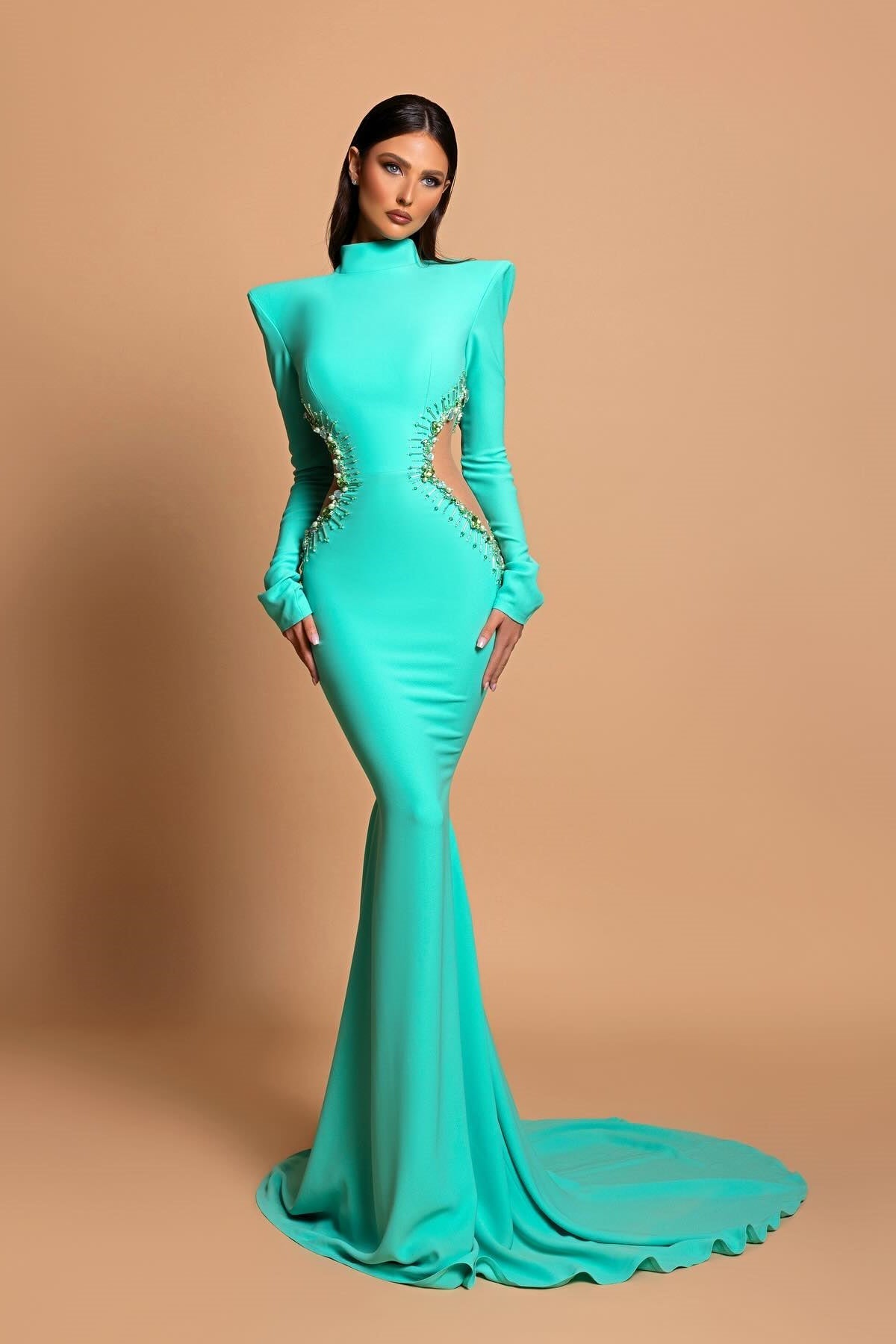 Designer Column High Neck Long Sleeve Beaded Satin Evening Dress