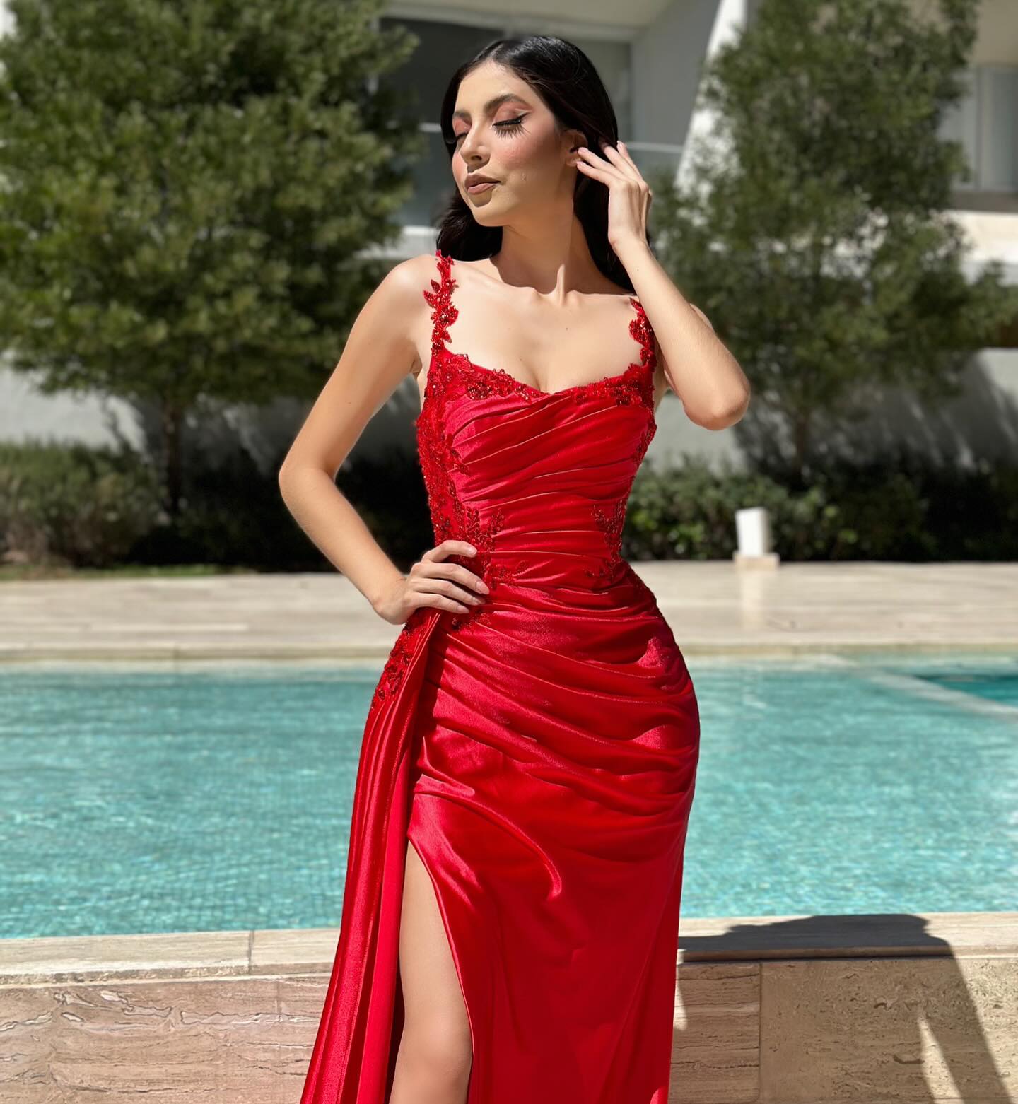 Designer Column Satin Off-the-Shoulder Sleeveless Flowy Prom Dress with Ruffles and Split Front