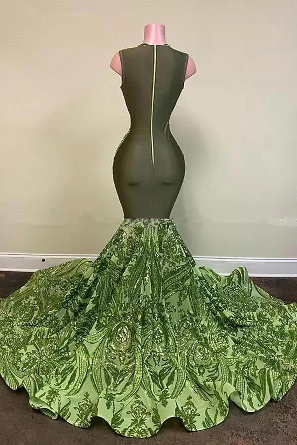 Designer Green V-neck Sequins Sleeveless Floor-length Mermaid Prom Dresses