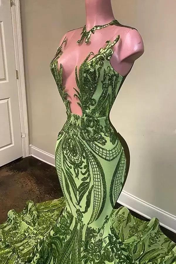 Designer Green V-neck Sequins Sleeveless Floor-length Mermaid Prom Dresses