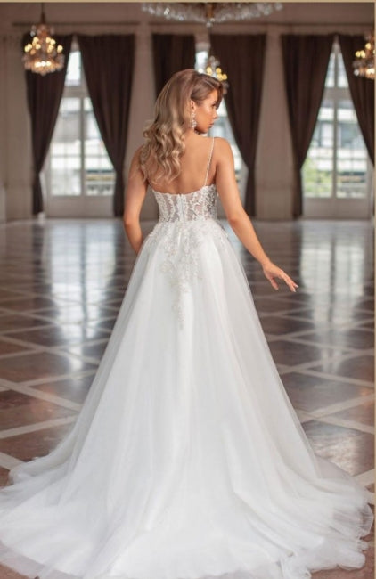 Designer Elegant A-line V-neck Tulle Sleeveless Bridal Gown With Delicate Lace