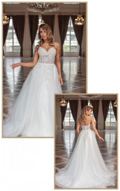 Designer Elegant A-line V-neck Tulle Sleeveless Bridal Gown With Delicate Lace