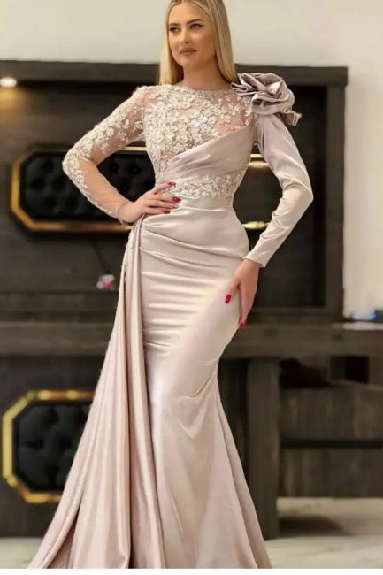 Designer Long Champagne Mermaid Lace Evening Dresses With Elegant Long Sleeves