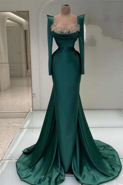 Designer Long Dark Green Beaded Pearls Mermaid Prom Dress with Long Sleeves