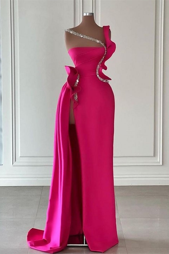 Designer Glittering Long Sleeveless Prom Dress with Split Front and Ruffles