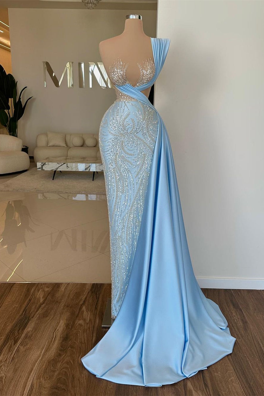 Designer Long Sky Blue One Shoulder Sequined Prom Dress With Lace Details