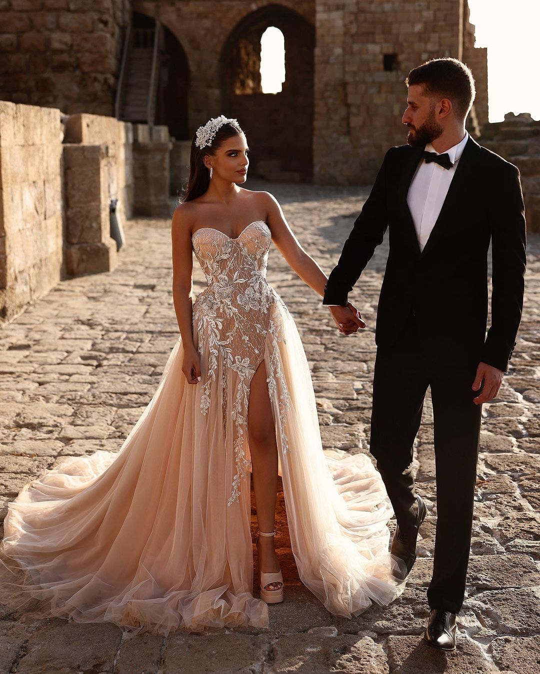 Designer Sweetheart Long A-line Glittering Lace Wedding Dress with High Slit