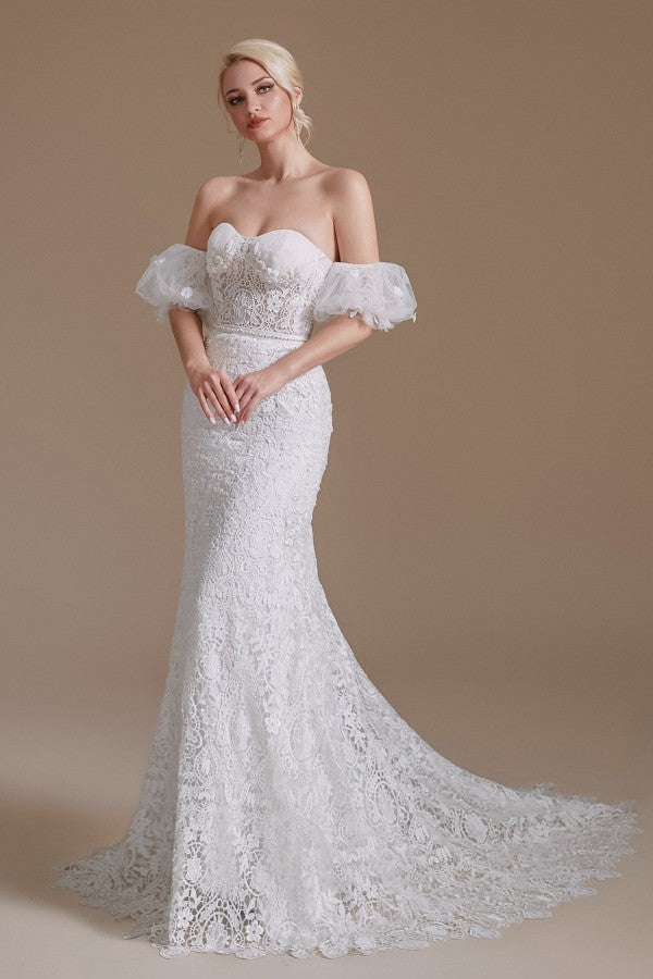 Detachable Bubble Sleeves Lace Wedding Dress Mermaid Long