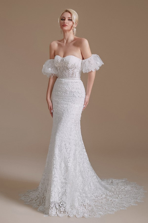 Detachable Bubble Sleeves Lace Wedding Dress Mermaid Long