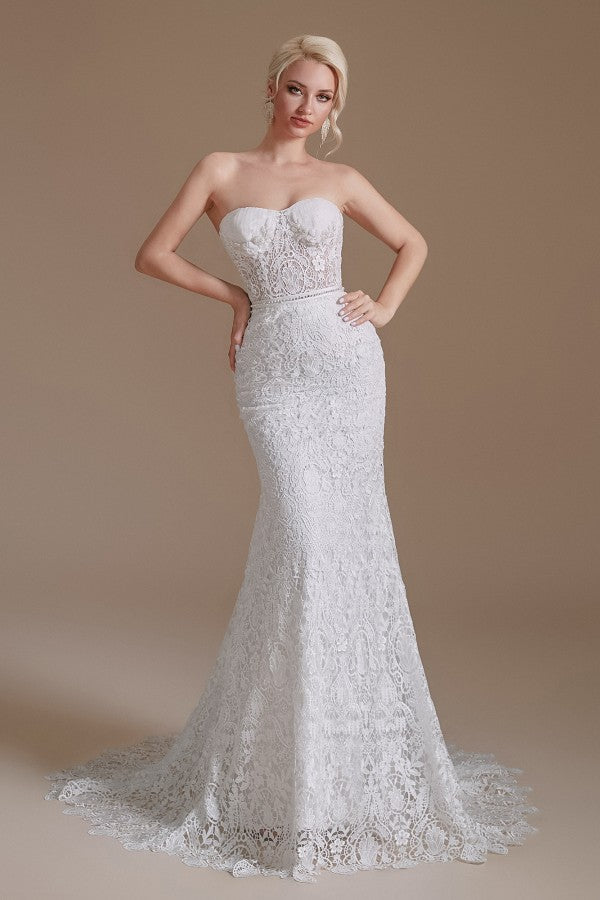 Detachable Bubble Sleeves Lace Wedding Dress Mermaid Long