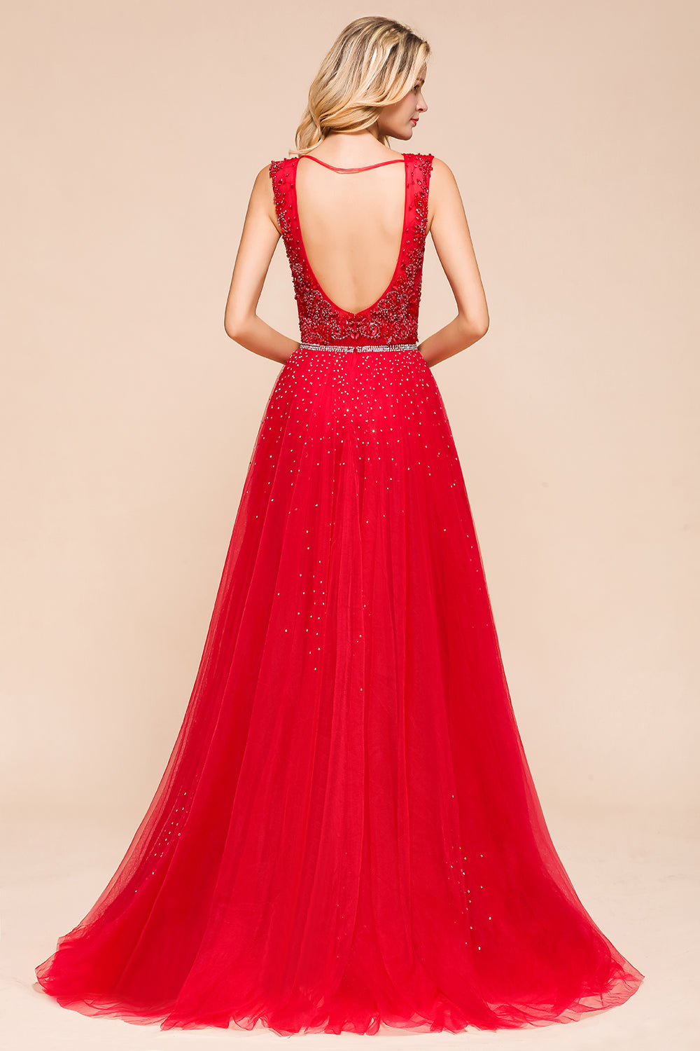 Detachable Red V-Neck Long Prom Dress Sleeveless Beadings Tulle Evening Gowns