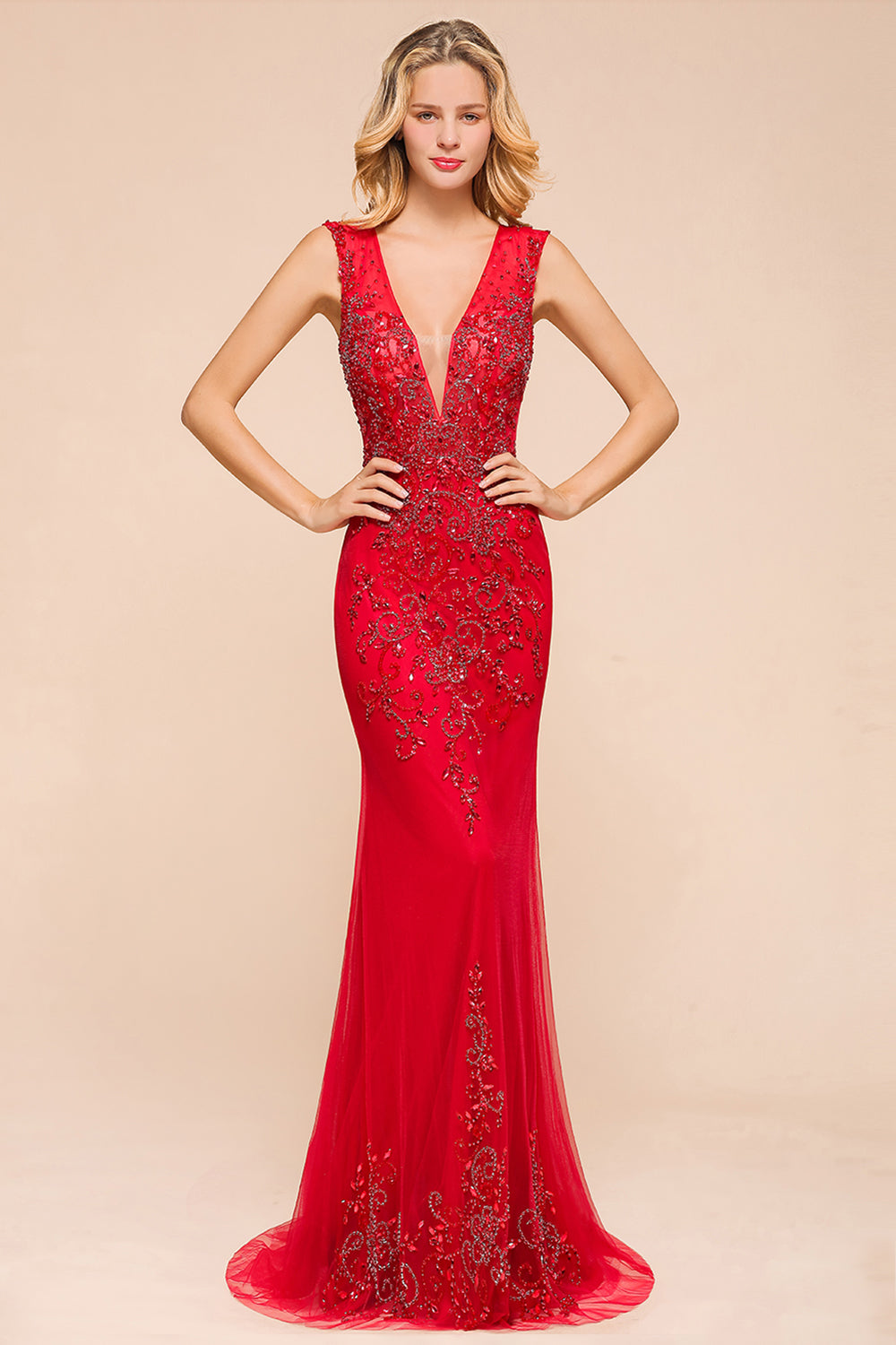 Detachable Red V-Neck Long Prom Dress Sleeveless Beadings Tulle Evening Gowns