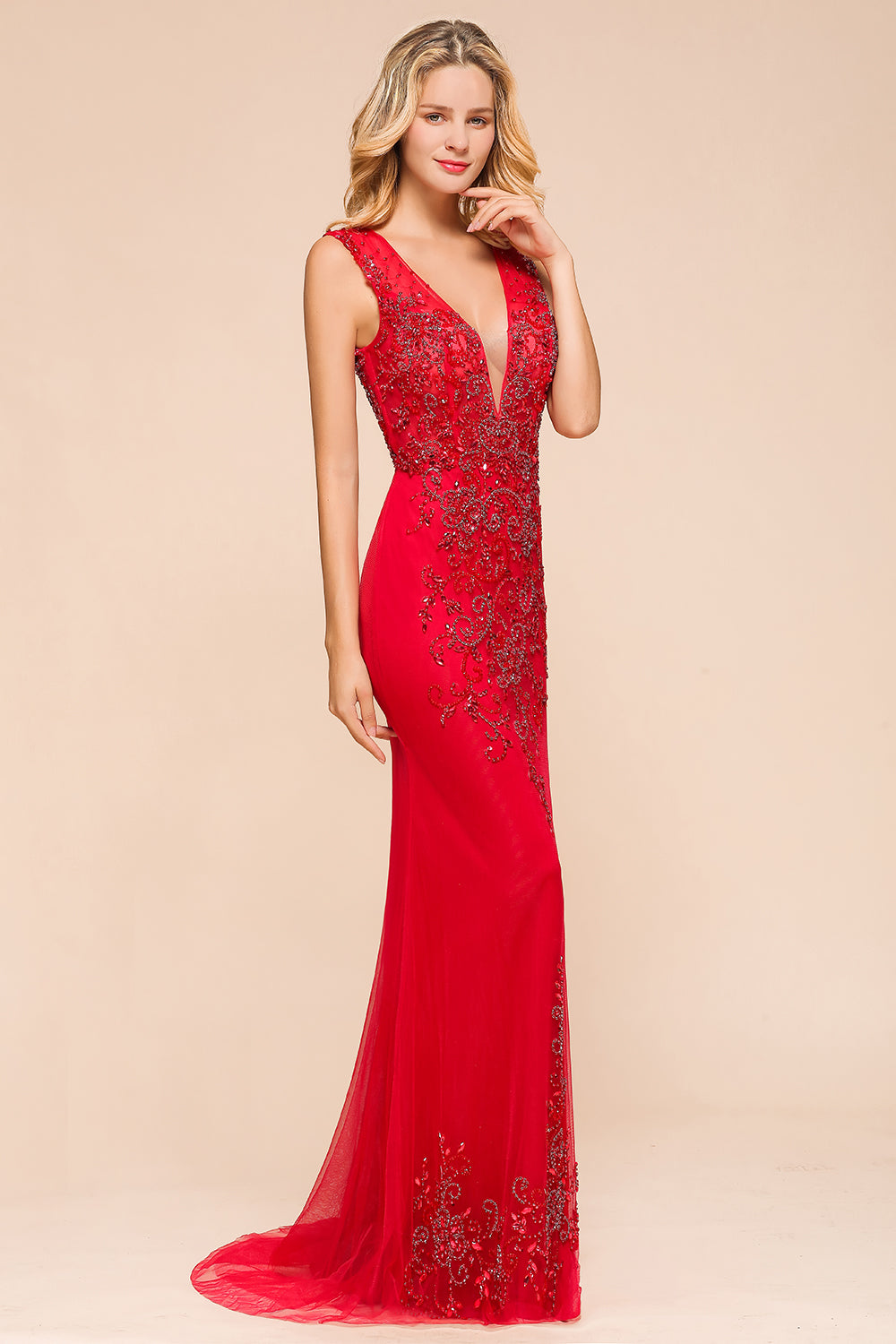 Detachable Red V-Neck Long Prom Dress Sleeveless Beadings Tulle Evening Gowns