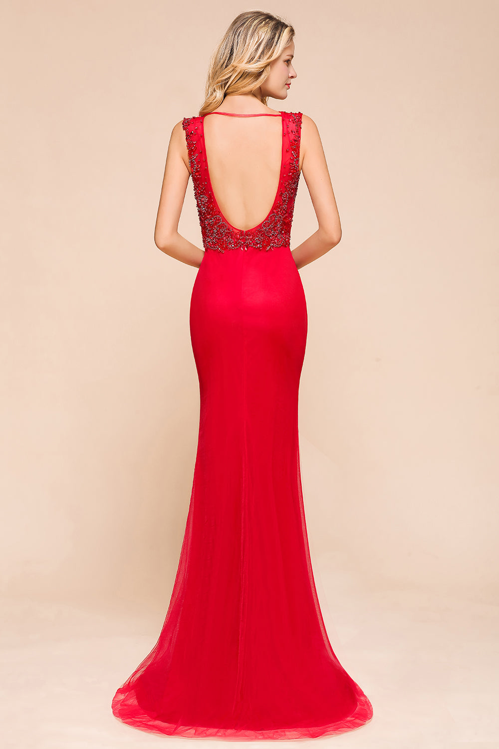 Detachable Red V-Neck Long Prom Dress Sleeveless Beadings Tulle Evening Gowns