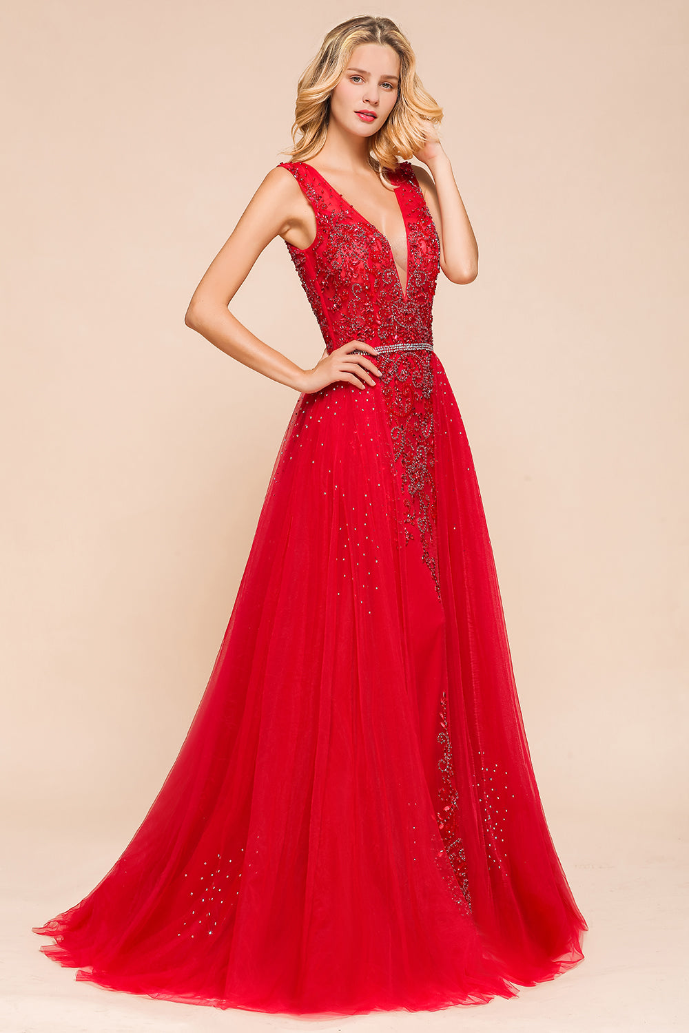 Detachable Red V-Neck Long Prom Dress Sleeveless Beadings Tulle Evening Gowns