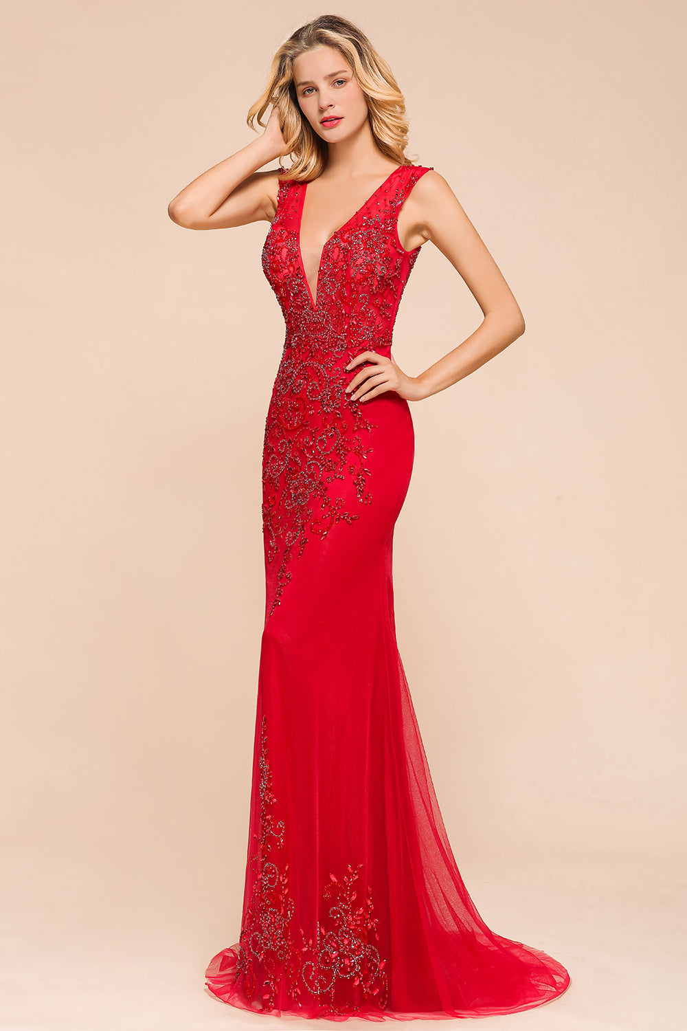 Detachable Red V-Neck Long Prom Dress Sleeveless Beadings Tulle Evening Gowns