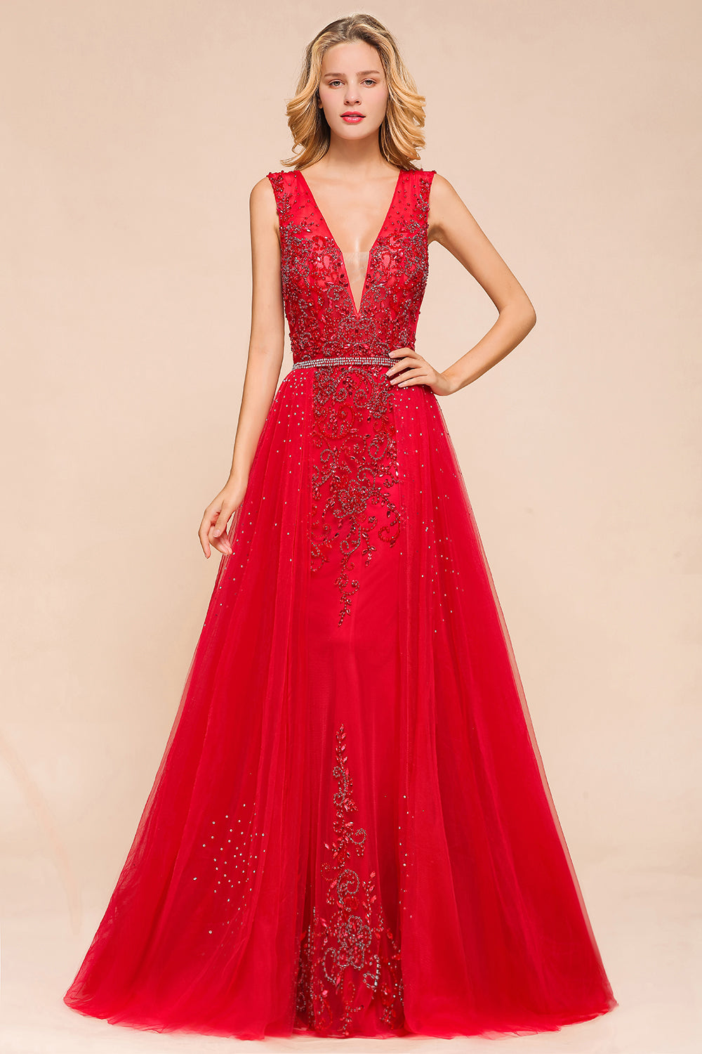 Detachable Red V-Neck Long Prom Dress Sleeveless Beadings Tulle Evening Gowns