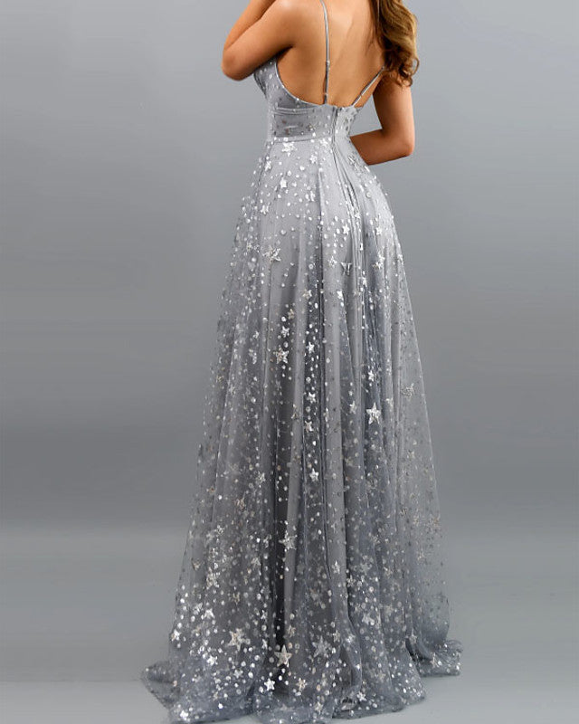 Dusty Blue V-Neck Long Prom Dress Sleeveless With Sequins