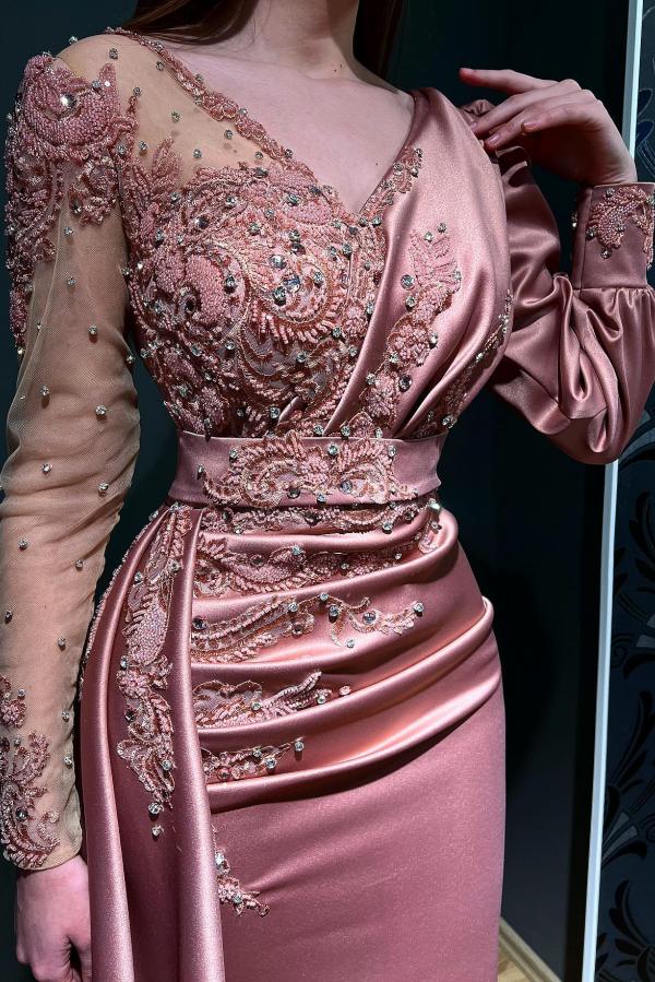 Dusty Pink Long Sleeves Evening Dress Mermaid Appliques With Beads