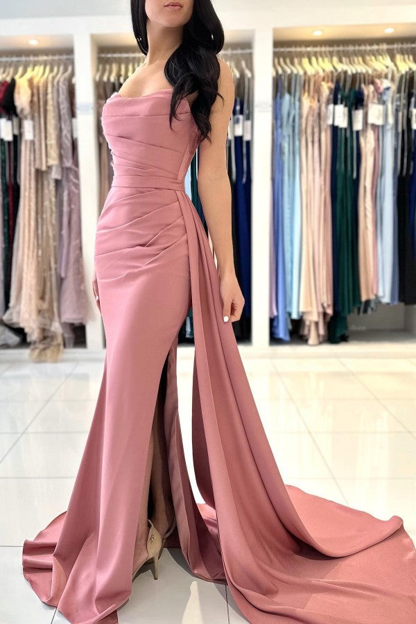 Dusty Pink Prom Dress Mermaid Strapless With Pleats Split