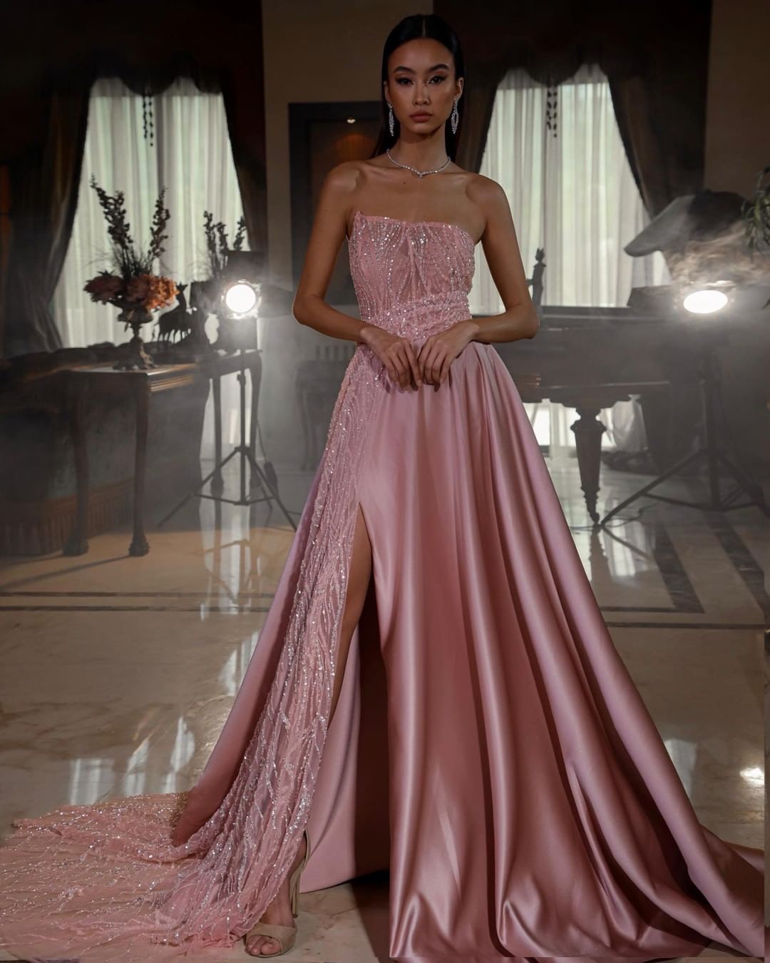 Dusty Pink Strapless Sequins Evening Dress Long Slit On Sale